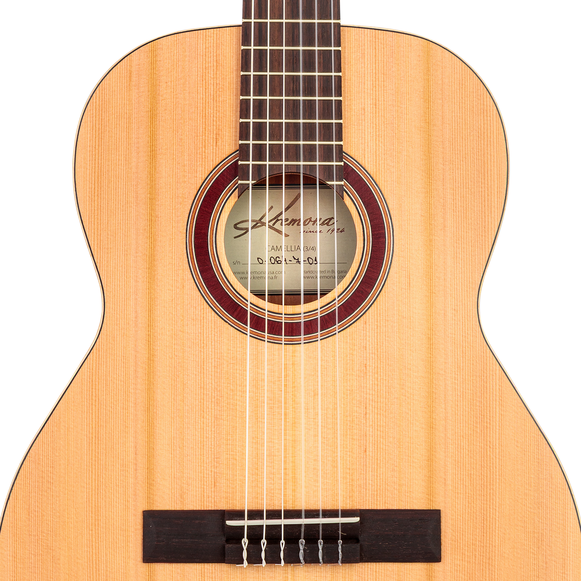 Kremona Camellia handcrafted European fractional 3/4 classical guitar close up