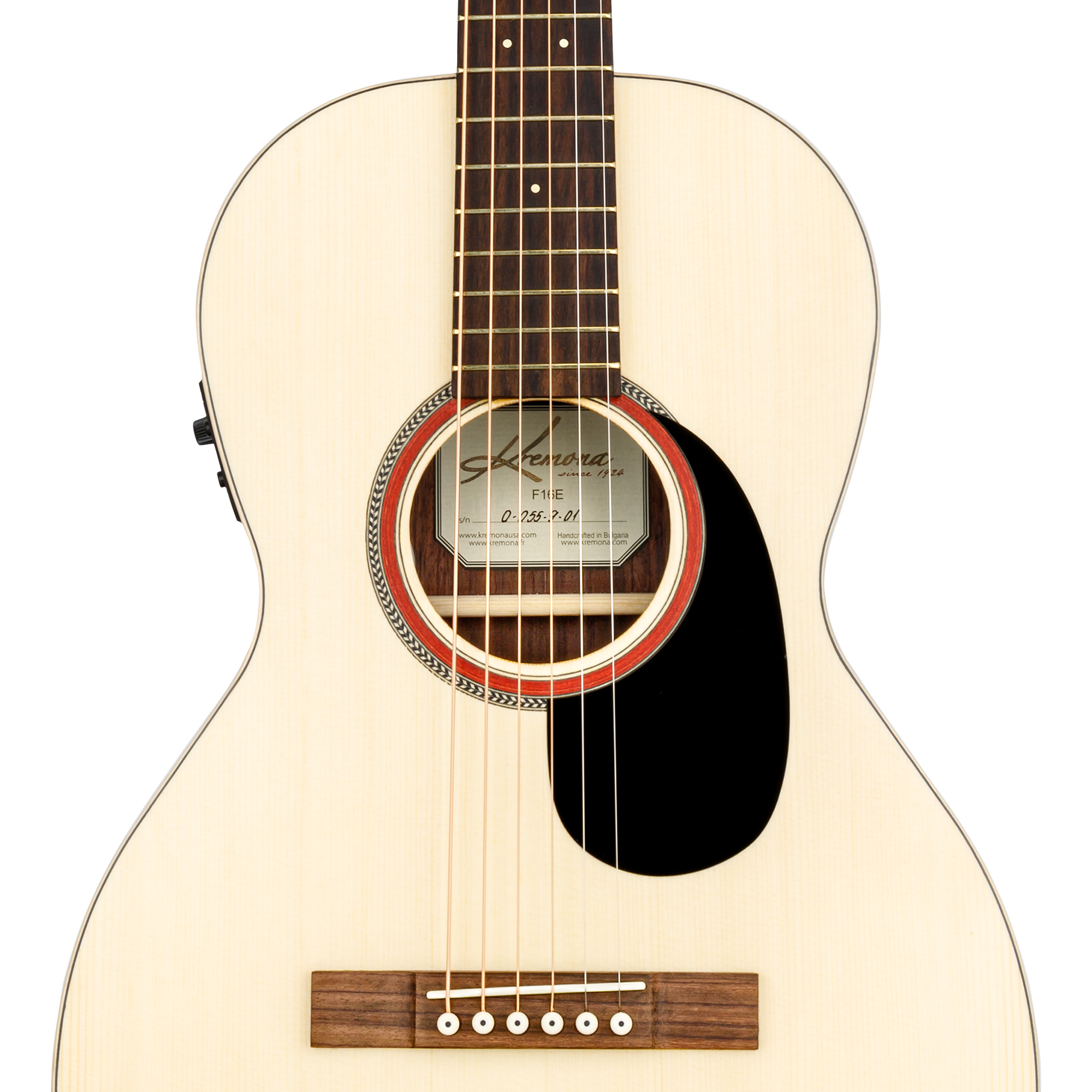 Kremona F16E handcrafted parlor acoustic-electric guitar with wooden herringbone rosette
